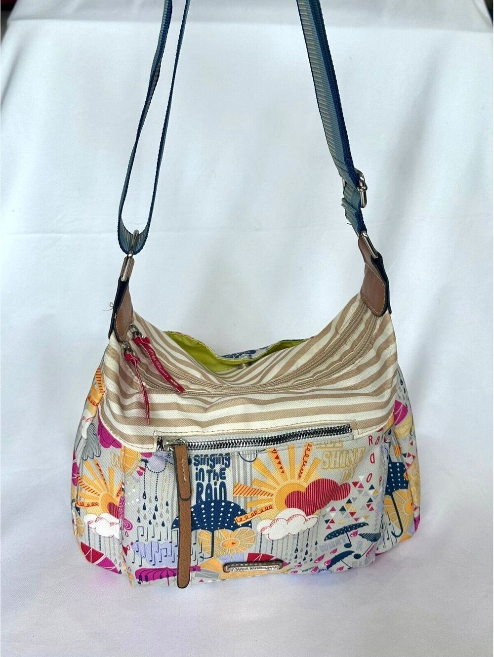 Lily Bloom Colorful Weather Print Hobo Crossbody Bag Umbrella Rain Sun